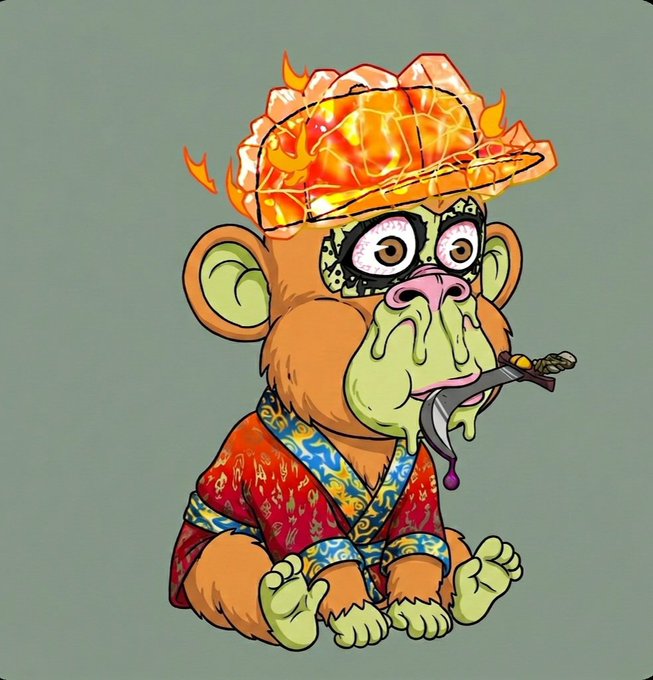 A cartoon-style illustration of a zombie monkey wearing a flaming hat and a patterned robe, sitting while smoking a lit cigar.