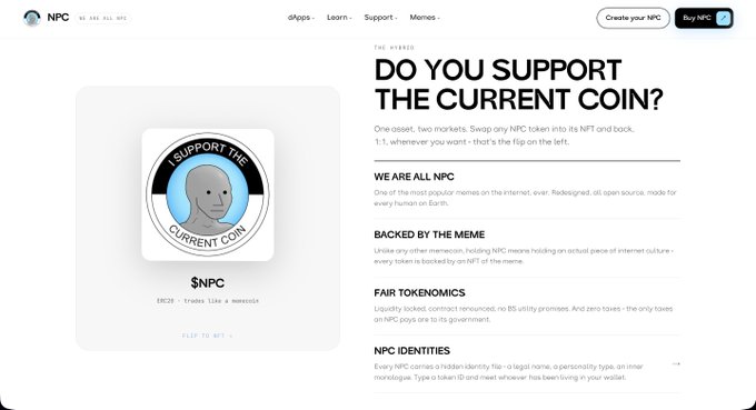 A webpage for the NPC token asking 'DO YOU SUPPORT THE CURRENT COIN?' with an NFT badge and text explaining the NPC meme coin's features.