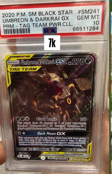 A PSA-graded (GEM MT 10) 2020 Pokemon card, 'Umbreon & Darkrai GX' #SM241, displayed in a protective case with a '7k' sticker.