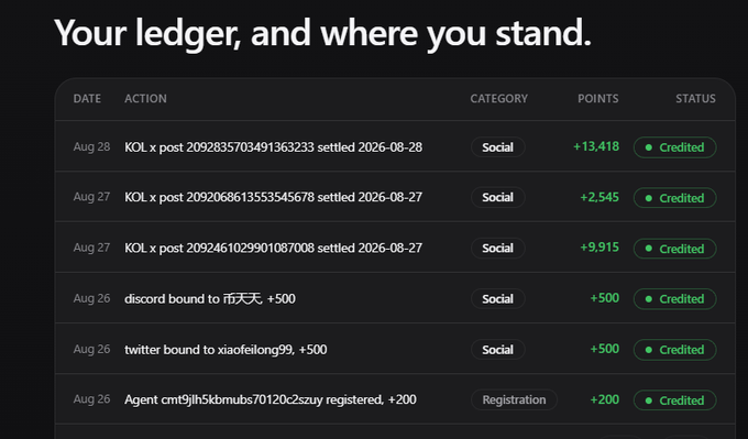 A dark-themed ledger dashboard titled "Your ledger, and where you stand." showing transactions with columns for DATE, ACTION, CATEGORY, POINTS, and STATUS, all marked as "Credited" in green.