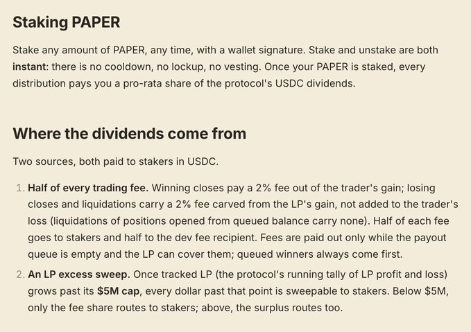 Text explaining PAPER token staking with instant stake/unstake via wallet signature, detailing two dividend sources paid in USDC: half of every trading fee and an LP excess sweep above a $5M cap.