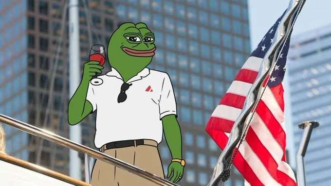 A Pepe the Frog meme character dressed as a wealthy yacht owner, holding wine on a boat flying an American flag, with skyscrapers in the background. The image humorously represents the bullish, "buy the dip" sentiment referenced in the daily memecoin recap.