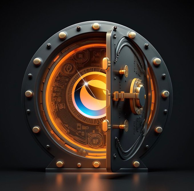 A 3D rendered image of a heavy circular bank vault door, partially open, revealing glowing orange and blue light emanating from cryptocurrency-like symbols and circuit patterns inside.
