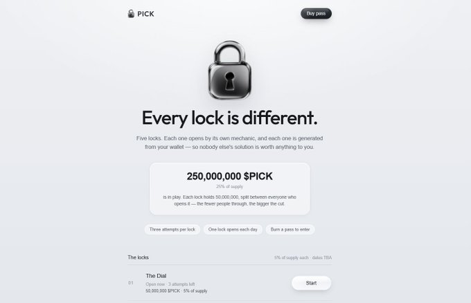 A website screenshot for 'PICK' displaying the text 'Every lock is different.' with information about '250,000,000 $PICK' and 'The Dial' lock.