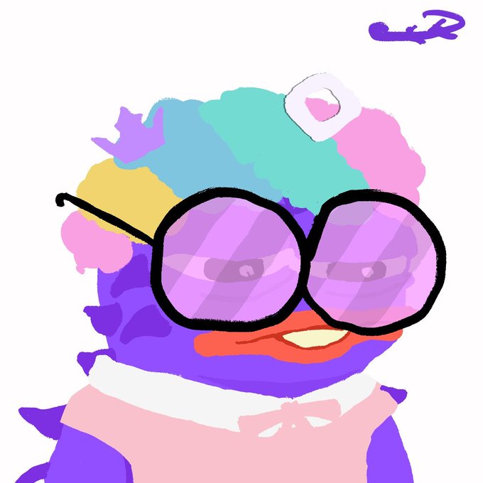 A digital illustration of a purple character with colorful fluffy hair, large round purple sunglasses, and a pink bow, signed with a 'R' in the top right corner.