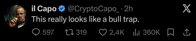A tweet from CryptoCapo (@CryptoCapo_) reading 'This really looks like a bull trap.' with 2.4K likes and 360K views.