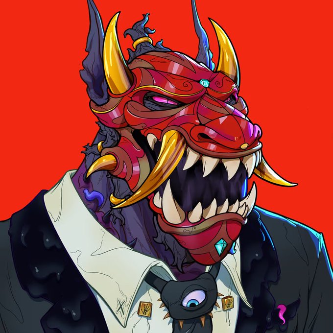 A vibrant digital illustration of an anthropomorphic dragon or demonic creature with red samurai-style armor, golden horns, sharp fangs, and wearing a white collared shirt and black tie against a red background.