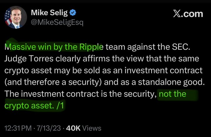 A tweet from Mike Selig (@MikeSeligEsq) dated 7/13/23 celebrating Ripple's court win against the SEC, highlighting Judge Torres's ruling that the investment contract—not the crypto asset itself—is the security. The post complements the caption by connecting this legal distinction to the CFTC Head's understanding of crypto regulation.
