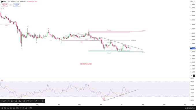 This XRP/USD daily chart displays a bullish divergence on the RSI, suggesting a potential upcoming rally with price targets labeled "Premium" and "Supremum."