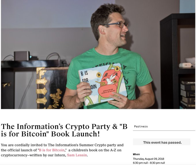 An event invitation screenshot for 'The Information's Crypto Party & "B is for Bitcoin" Book Launch!,' showing a man in a green t-shirt holding the children's book 'B IS FOR BITCOIN' written by Sam Lessin.
