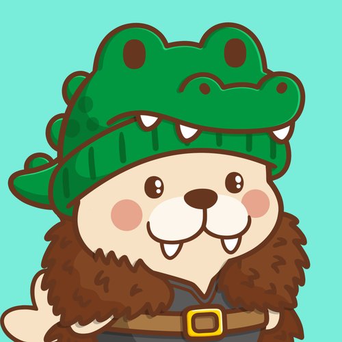 A cartoon illustration shows a fluffy brown creature wearing a green crocodile hat with sharp teeth on a teal background.