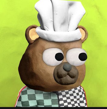 A 3D rendered cartoon character of a brown bear wearing a white chef's hat with googly eyes and a checkered apron against a bright green background.