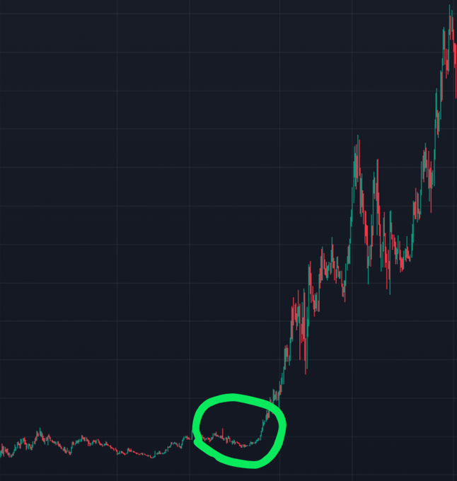 A candlestick price chart shows a long period of sideways consolidation in the lower-left, followed by a circled breakout region where price begins a steep, sustained uptrend to new highs in the upper-right. The green circle highlights the launch point, illustrating the post's message that established meme tokens with surviving communities are poised for major upward moves.