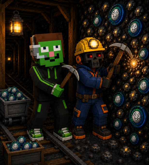 An AI-generated image depicting two Minecraft-style characters (a creeper and a skeleton miner) holding pickaxes next to glowing ore blocks with smiling faces inside them, in a dark mine setting.