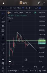 A cryptocurrency price chart for CAT(SOL) on TradingView showing a downward trend line with volume indicators.