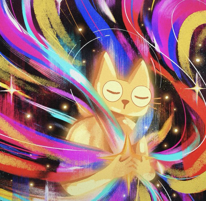A serene golden cat with closed eyes meditates peacefully, hands clasped around a glowing star, surrounded by swirling vibrant cosmic colors and sparkles that evoke a sense of unwavering conviction and spiritual tranquility. The image beautifully mirrors the post's sentiment of holding $CETS without regret, symbolizing calm conviction and steadfast belief amid the colorful chaos of market speculation.