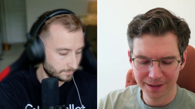 The image shows two men wearing headphones, with one man sitting down and the other standing up. The scene appears to be a comparison of their facial expressions or emotions while listening to something through the headphones.
