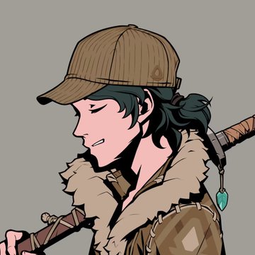 An anime-style illustration of a character with dark hair wearing a brown baseball cap and fur-lined jacket, with a sword on their back.