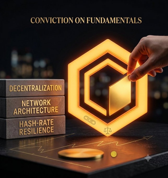 A promotional image titled 'Conviction on Fundamentals' showing a glowing hexagonal emblem and stacked blocks labeled 'Decentralization,' 'Network Architecture,' and 'Hash-Rate Resilience.'