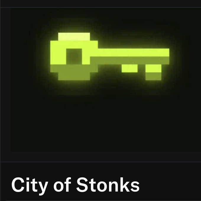 A glowing green pixel art key on a dark background labeled 'City of Stonks'.