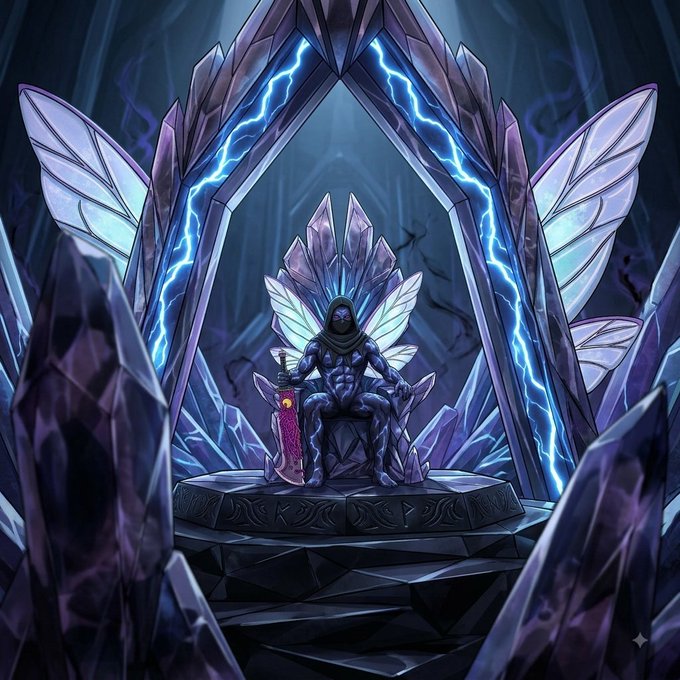A fantasy digital artwork depicting a hooded, armored figure seated on a crystal throne with butterfly wings, surrounded by purple crystals and blue lightning.
