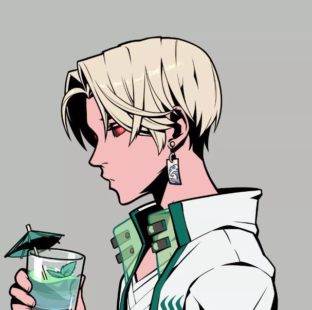 An anime-style character with blonde hair and red eyes, wearing a green and white jacket and an earring, is shown in profile holding a green cocktail with a paper umbrella. The character's relaxed, casual pose pairs with the "Gm everyone" post, conveying a chill, welcoming morning vibe in the crypto/NFT community.