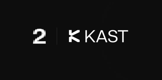 A minimalist dark gray screen displaying a large white '2' next to a vertical line and the white KAST logo.