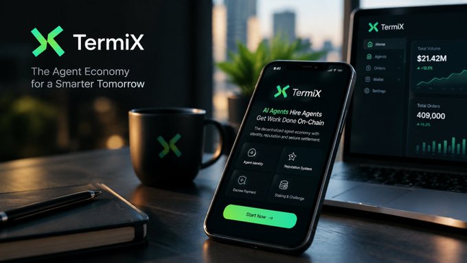 A promotional image for TermiX, described as 'The Agent Economy for a Smarter Tomorrow,' featuring the app on a smartphone alongside a mug and laptop, with a dashboard showing $21.42M total volume and 409,000 total orders.