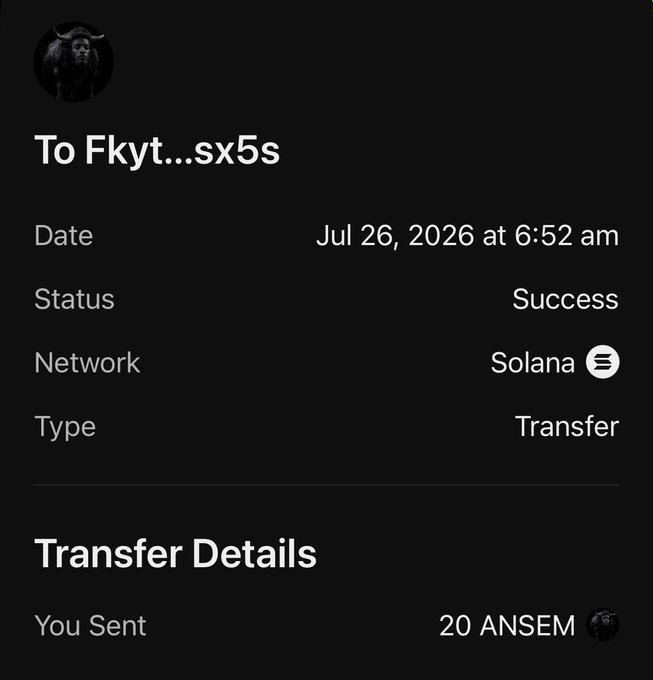 A transaction receipt showing a successful transfer of 20 ANSEM tokens sent to "Fkyt...sx5s" on the Solana network on July 26, 2026, aligning with the post's message that the user's prayers were answered and prompting them to refresh their wallet to see the airdropped tokens.