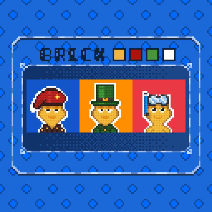 A pixel art image displaying a menu screen titled 'BRICK' with four colored squares (yellow, red, green, white), showing three pixelated characters in different outfits (red cap, green top hat with shamrock, blue cap) in separate panels.