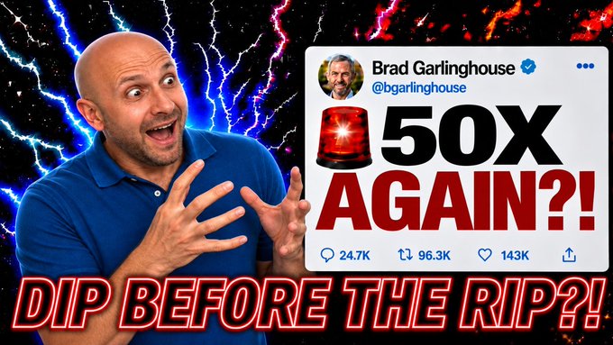 A man with an excited expression reacting to a tweet from Brad Garlinghouse (@bgarlinghouse) reading "50X AGAIN?!" with the caption "DIP BEFORE THE RIP?!" displayed against a lightning background.
