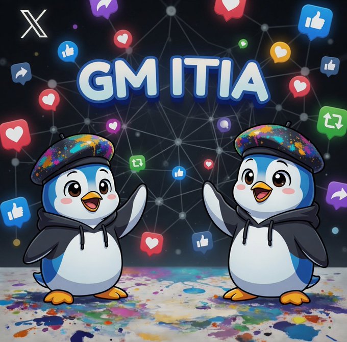 The image features two cartoon penguins standing next to each other, both wearing hats with various social media icons such as hearts, thumbs up, and thumbs down. The background of the image is black, but there are colorful social media icons scattered around them. The text "GM ITIA" can be seen in the image, which might be a reference to the game or its theme. The post also includes a caption that reads: "Focus on what is in the image and how it relates to the post".
