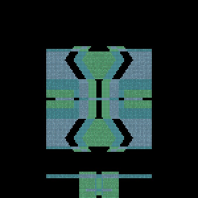 A symmetrical pixel art image resembling a green and gray stone tablet or idol against a black background.