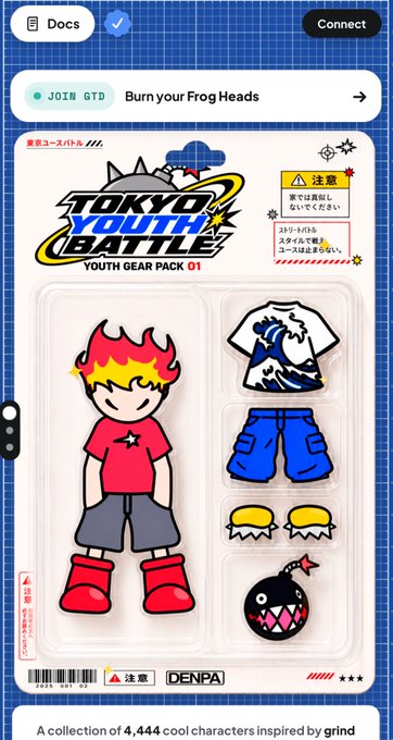 A screenshot of a digital trading card interface titled 'TOKYO YOUTH BATTLE - YOUTH GEAR PACK 01' showing a cartoon character with fiery red hair alongside various clothing items and a bomb accessory, branded with 'DENPA' and noting 'A collection of 4,444 cool characters inspired by grind' at the bottom.