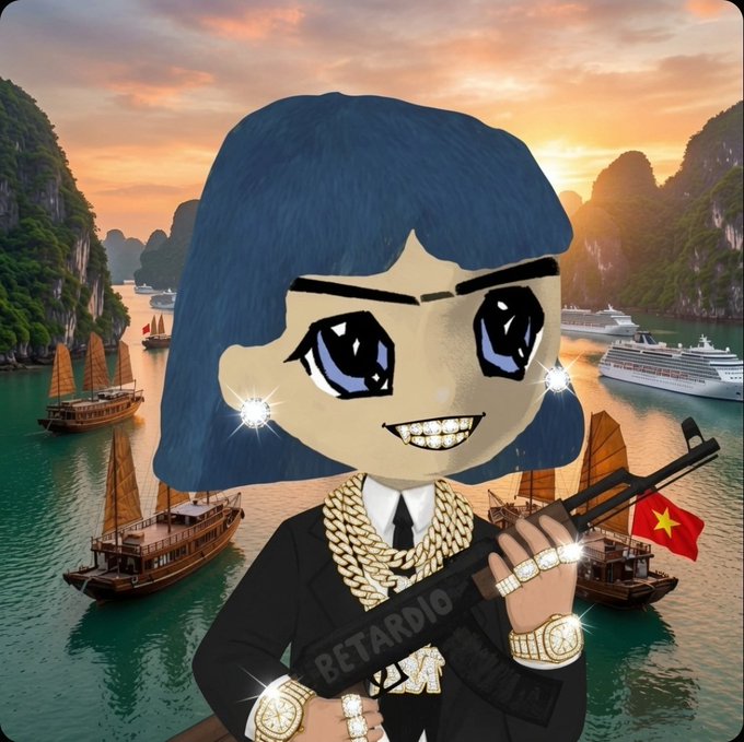 A cartoon character with blue hair wearing gold chains and rings, holding a rifle labeled 'BETARDIO' against a backdrop of Vietnamese boats and Ha Long Bay scenery.