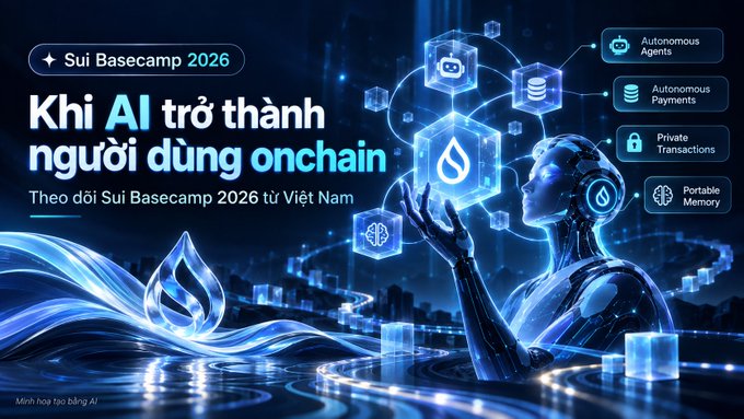 The image is a promotional banner for "Sui Basecamp 2026" featuring a blue, futuristic AI humanoid figure alongside icons representing "Autonomous Agents," "Autonomous Payments," "Private Transactions," and "Portable Memory," with the headline "Khi AI trở thành người dùng onchain" (When AI becomes an onchain user). It visually reinforces the post's theme about a future where blockchain users are no longer just humans, but AI agents conducting autonomous transactions on Sui Network.