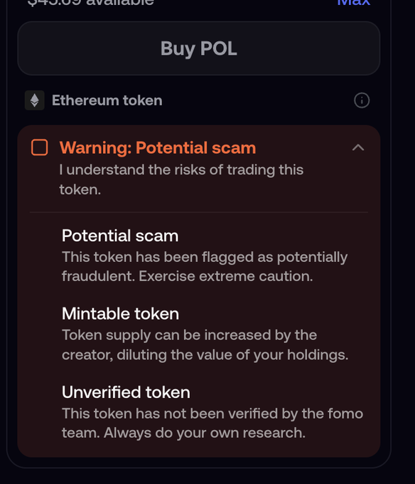 A crypto trading interface warning of a 'Potential scam' for buying POL on Ethereum, listing risks including mintable and unverified token status.