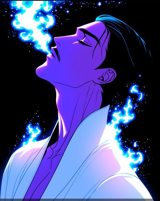 A stylized anime-style illustration shows a purple-skinned character with closed eyes, exhaling bright blue flames while wearing a white robe against a starry black background.