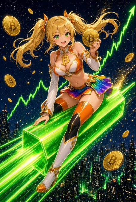 Anime-style illustration of a blonde cheerleader-themed character with Bitcoin logos on her outfit, riding a glowing green upward chart arrow while holding a Bitcoin coin, set against a city nightscape.