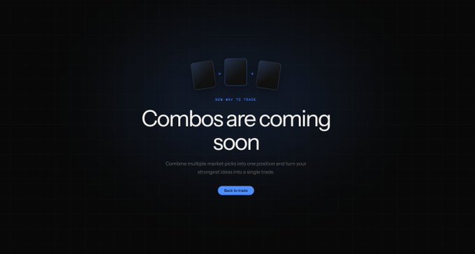A dark promotional graphic with the text 'Combos are coming soon' and 'NEW WAY TO TRADE', explaining that users can combine multiple market picks into a single trade.