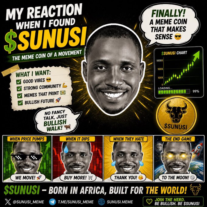 A promotional meme for $SUNUSI featuring a smiling man with the tagline "BORN IN AFRICA, BUILT FOR THE WORLD!" alongside a bull-themed chart showing bullish growth. The image highlights positive community energy and a "to the moon" mentality, aligning with the post's theme of uplifting vibes and the "#TheAfricanBull" branding.