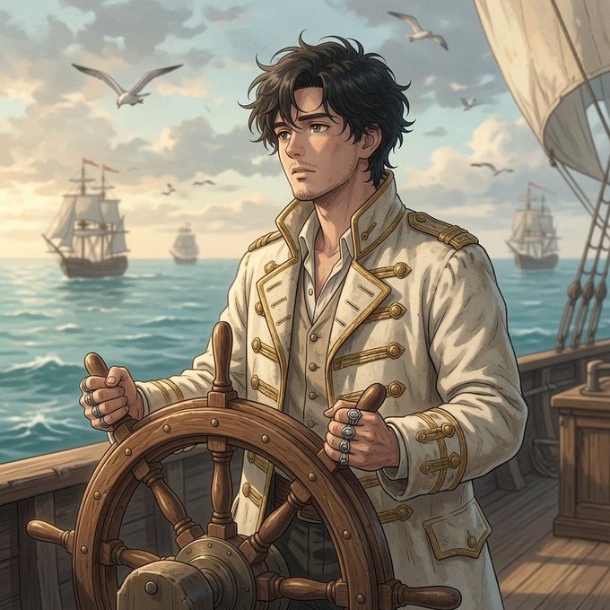 Anime-style illustration of a dark-haired man in a white naval coat standing at the helm of a wooden ship, with sailing vessels and seagulls visible in the background ocean.