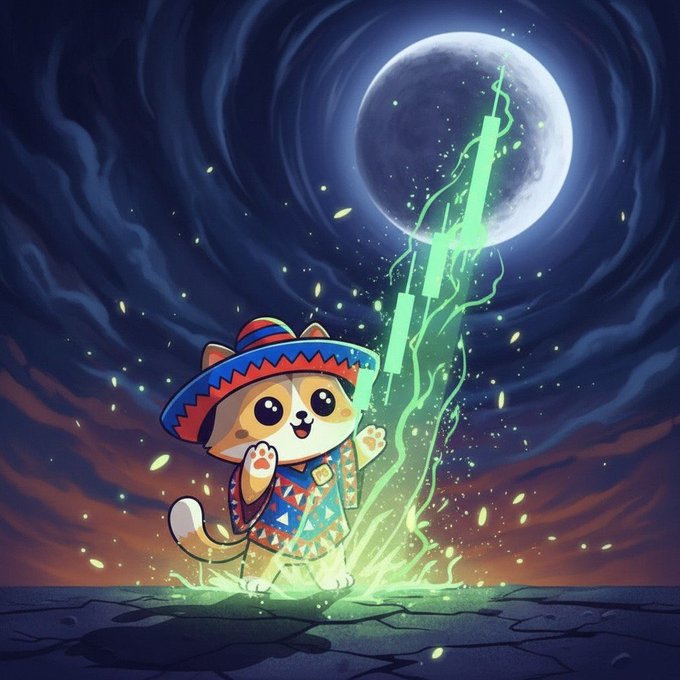 A digital illustration depicts a cute cartoon cat wearing a colorful sombrero and poncho, conjuring green energy magic under a full moon.