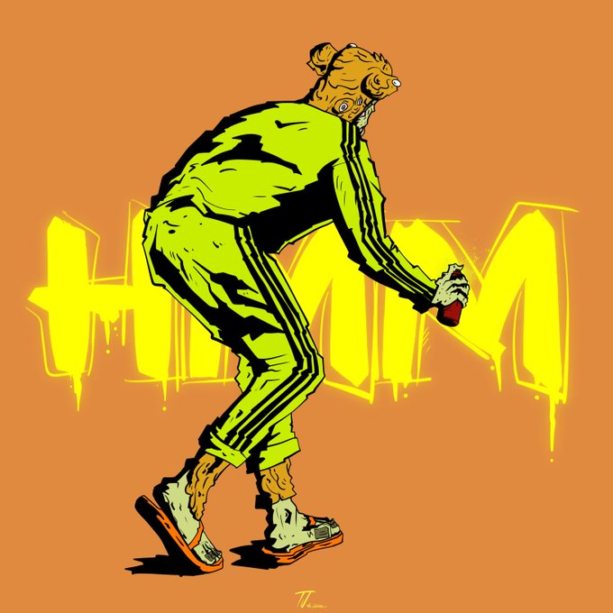 A stylized digital illustration depicts a figure in a neon yellow-green tracksuit with a textured, mask-like head, bent forward and holding a spray can against an orange background with yellow graffiti-style text.