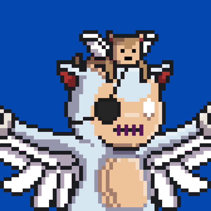 Pixel art illustration on a blue background depicting a figure with a white hood or horns, wearing an eyepatch and a skull-like mouth with stitches, alongside another smaller horned figure.