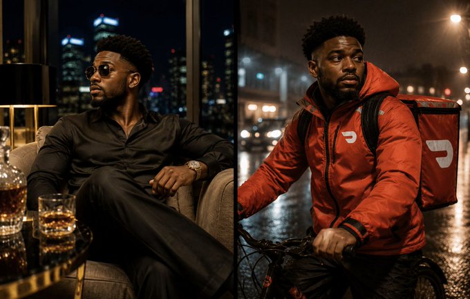 A side-by-side comparison showing a man in a luxurious penthouse setting with a drink and watch on the left, contrasted with the same man appearing tired and wet while delivering food on a bicycle in the rain on the right. The image humorously illustrates the dramatic financial decline of $TAO holders, depicting prosperity in 2024 versus hardship in 2026.