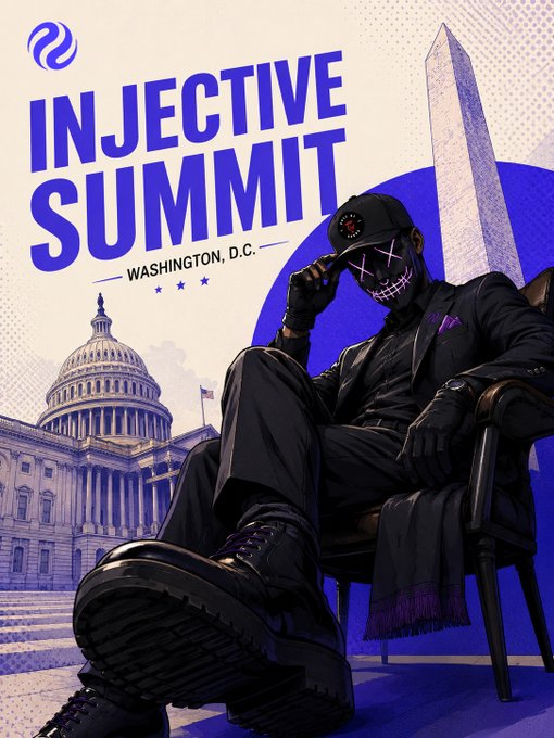 Event poster for the 'INJECTIVE SUMMIT' in Washington, D.C., depicting a masked figure in a black suit and cap seated in a chair with the Washington Monument and U.S. Capitol building in the background.