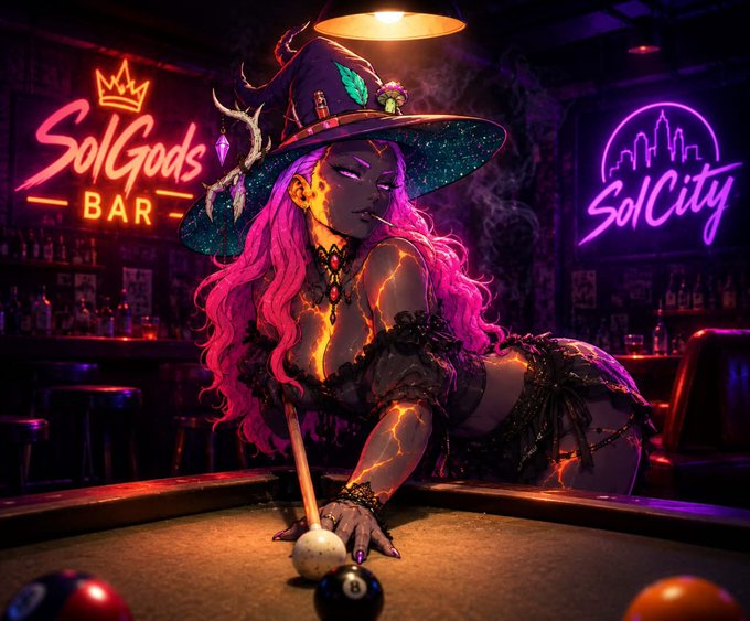 A neon-lit bar scene titled 'SolGods BAR' and 'SolCity' features a glowing, lava-cracked witch character with pink hair leaning over a pool table.