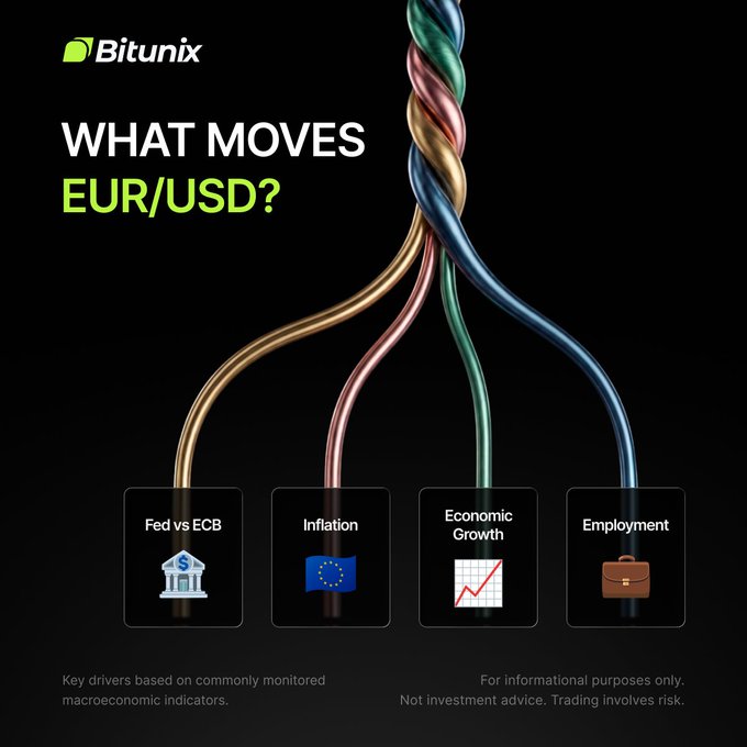 A Bitunix infographic titled "WHAT MOVES EUR/USD?" displays four interconnected cables branching from a central cord to icons representing the key macroeconomic drivers: Fed vs ECB (bank building), Inflation (EU flag), Economic Growth (rising chart), and Employment (briefcase), illustrating the post's message that rates, inflation, growth, and employment data shape the world's most traded currency pair.