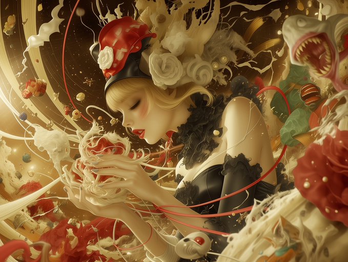A detailed digital illustration shows a blonde woman in black lace with a red rose in her hair, appearing to feed or interact with swirling, surreal organic elements.